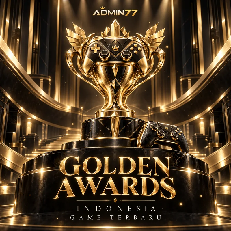 Trofi berbentuk controller emas di panggung Admin77 Golden Awards Indonesia Game Terbaru